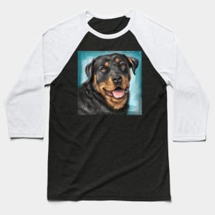 Painting of a Smiling Rottweiler with an Adorable Expression - Light Blue Spattered Background Baseball T-Shirt